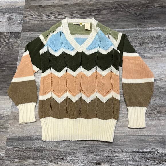 Vintage‎ 70s Whistle Stop Zig Zag Striped Womens M V-Neck Acrylic Knit Sweater - Picture 2 of 8